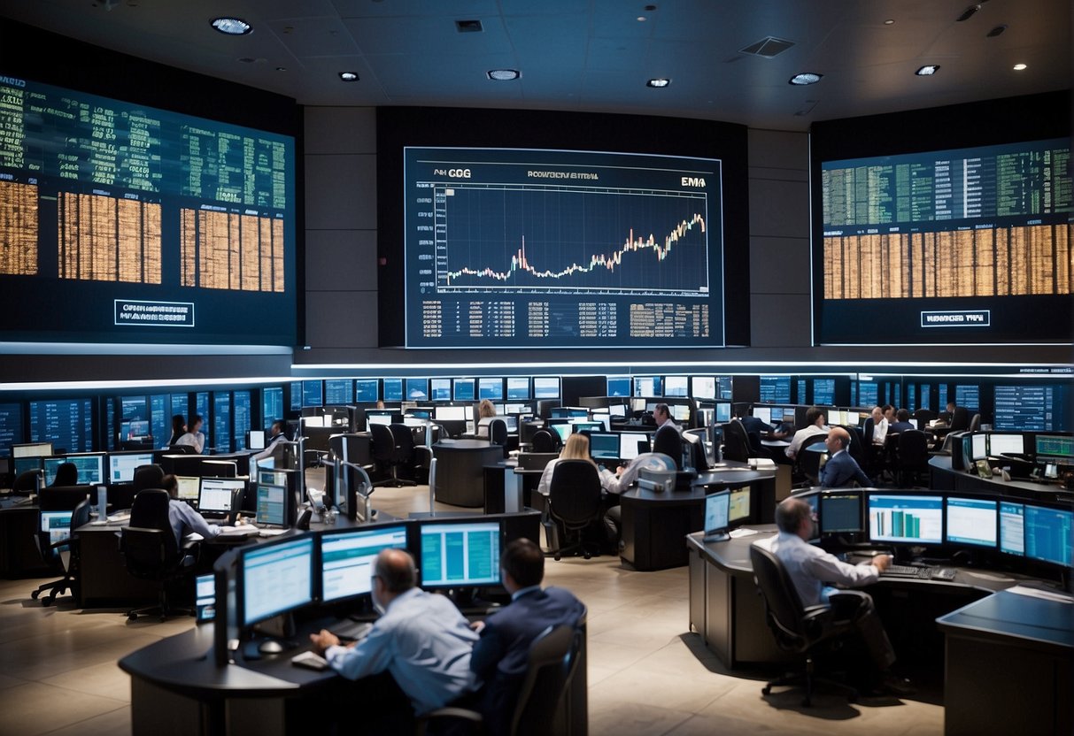 A bustling stock exchange floor with traders analyzing ESG data. Graphs and charts display the impact of ESG on investment and risk management