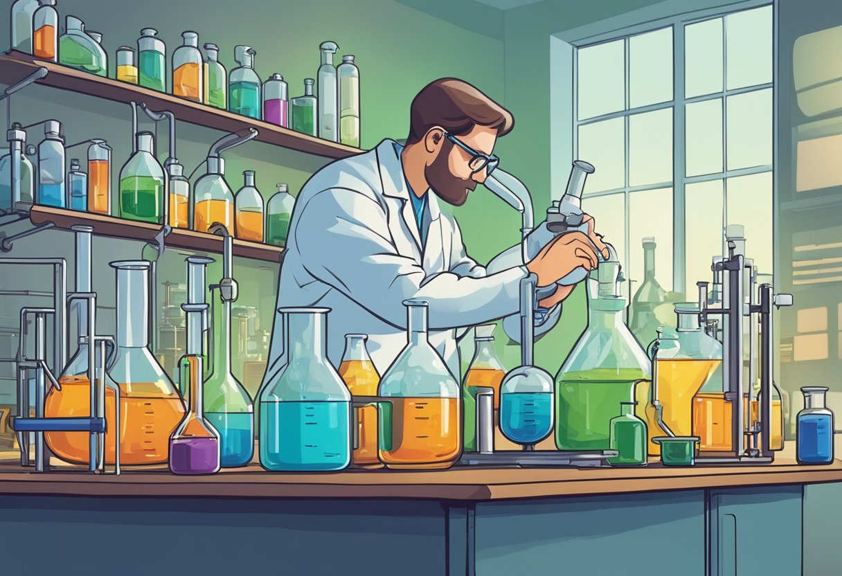 A laboratory setting with various chemical compounds and equipment, including beakers, test tubes, and a distillation apparatus. A scientist is seen mixing and analyzing different substances to create synthetic oil