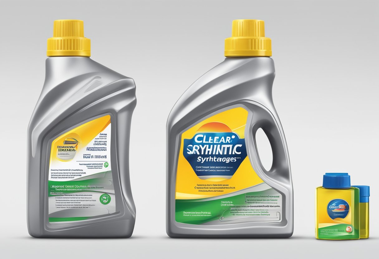 A clear bottle of synthetic oil sits on a clean, white surface. The label lists advantages and considerations. The oil is made from synthetic compounds
