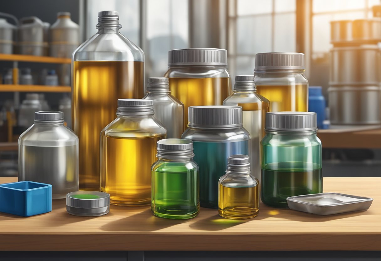 A clear container of synthetic oil sits on a workbench, surrounded by various raw materials such as petroleum, natural gas, and chemical additives