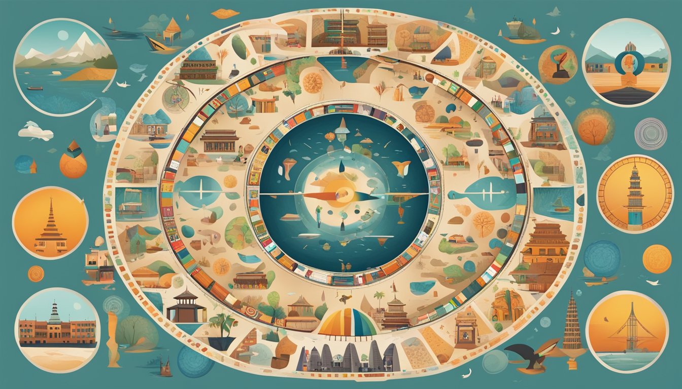 A circle divided into 51 equal segments, each filled with symbols representing different cultures and traditions.</p><p>Surrounding the circle are various objects and landmarks associated with the number 51