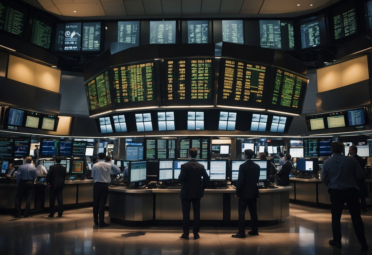 A bustling stock exchange floor with traders reacting to market disruptions, while ESG indicators flash on screens. The chaos and urgency of post-trade markets are evident