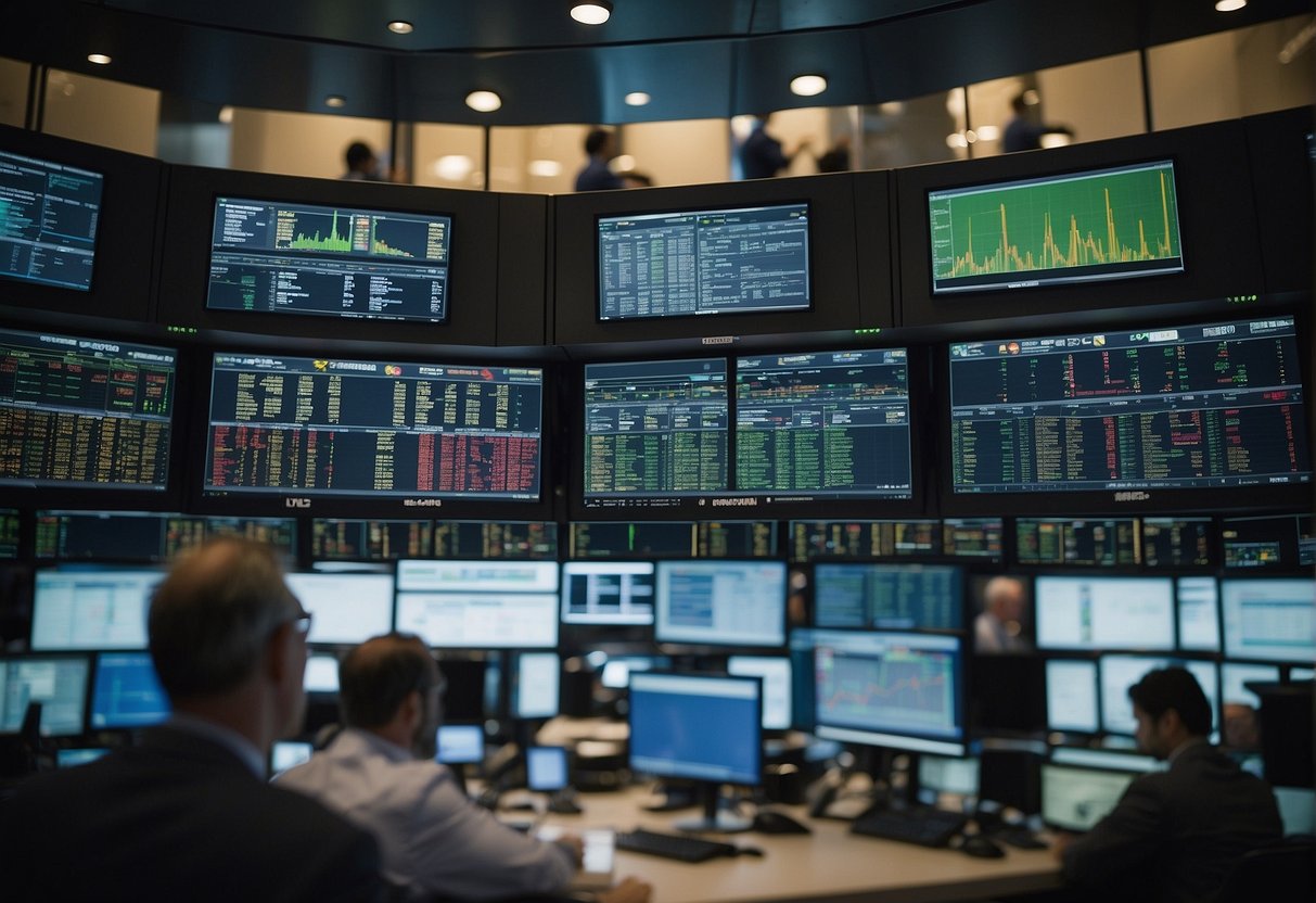 A bustling stock exchange with green energy companies dominating the trading floor, while ESG risk analysts closely monitor market movements