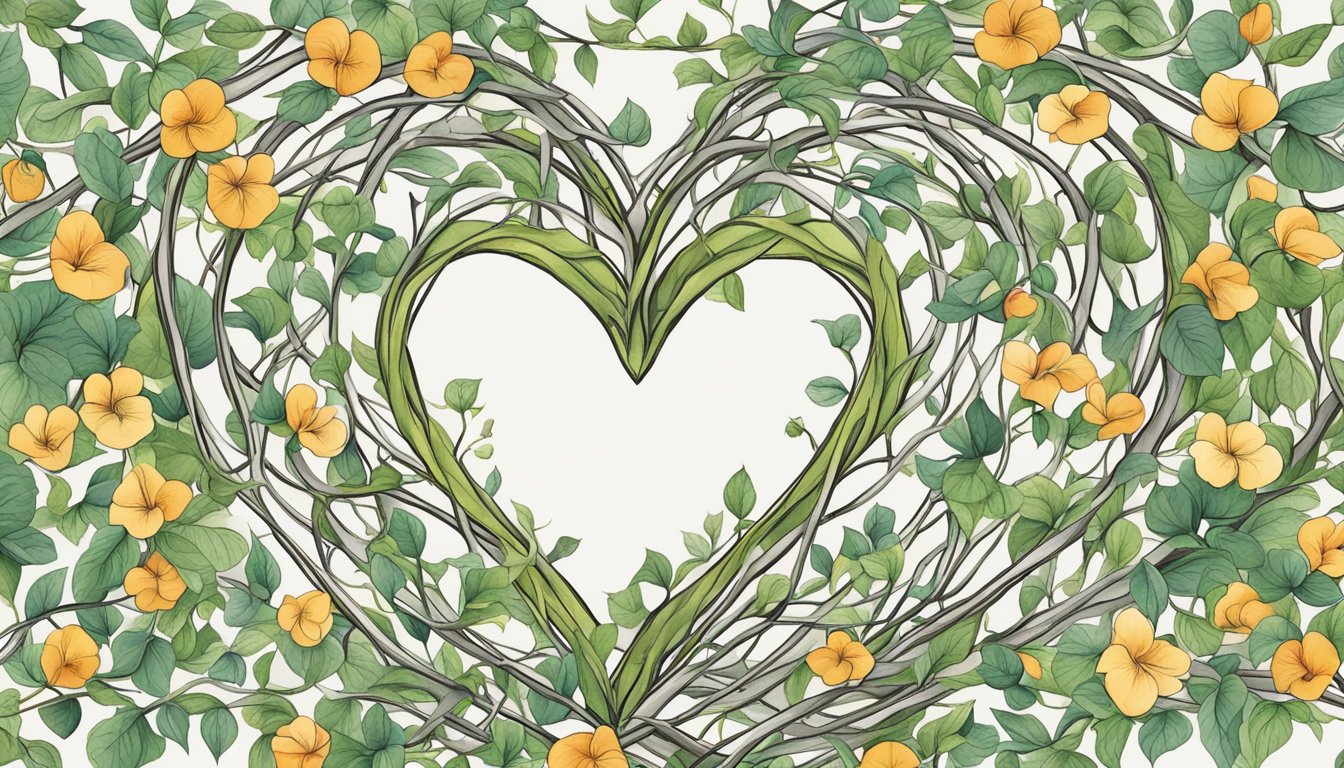 A heart surrounded by intertwining vines, symbolizing love and relationships