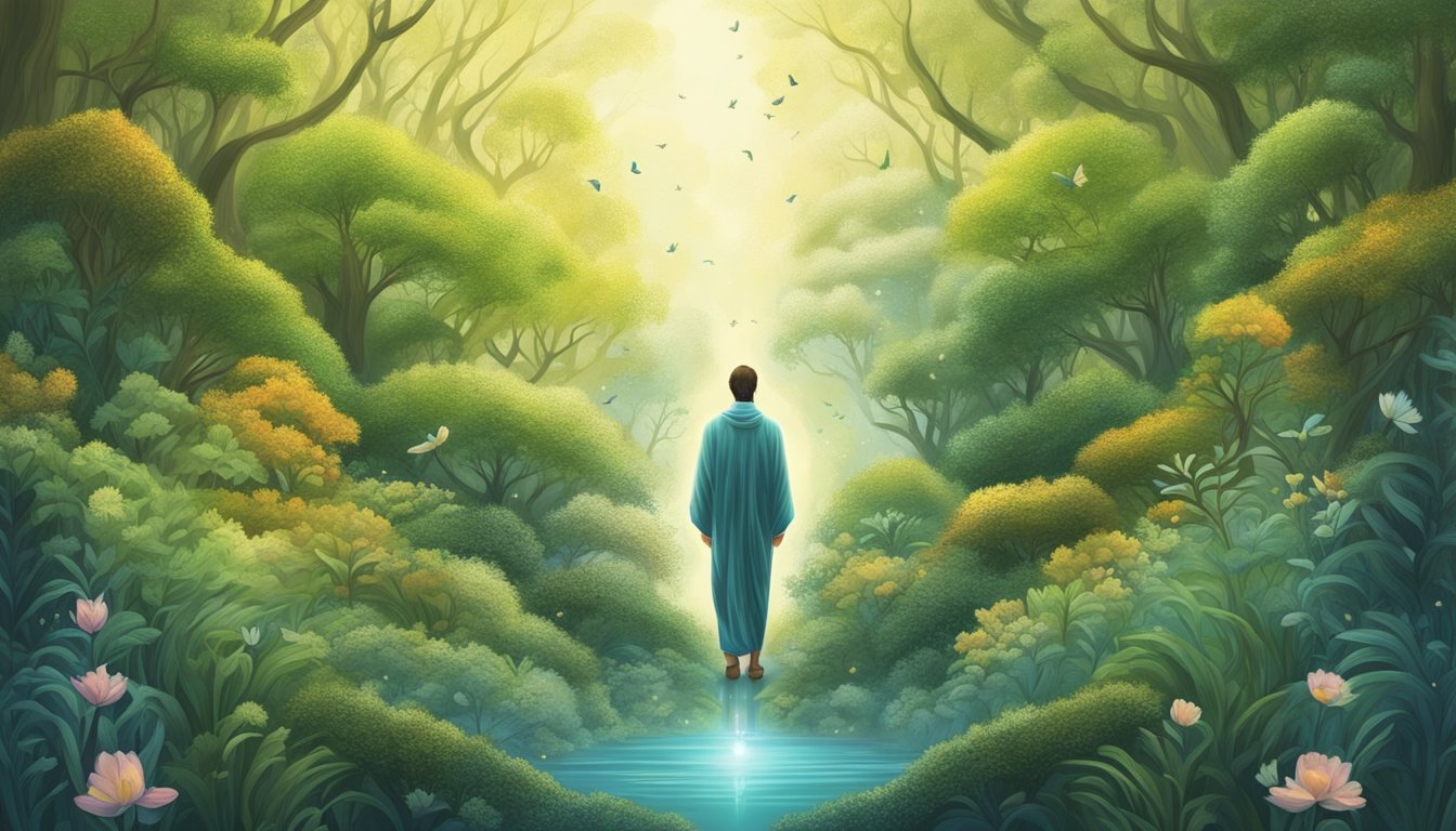A figure surrounded by growth and transformation, with the numbers 5115 appearing prominently.</p><p>A sense of spiritual guidance and personal evolution