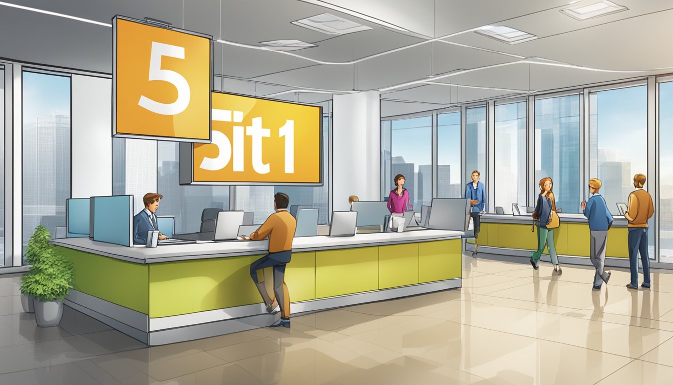 A large "Frequently Asked Questions 5115 Bedeutung" sign hangs above a bustling information desk in a bright, modern office lobby