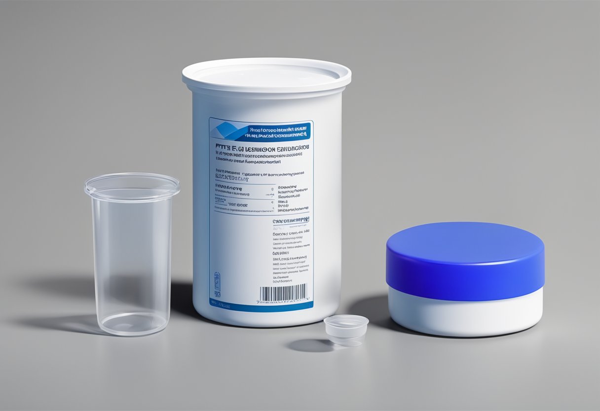 A beaker of PTFE sits next to a tube of silicone lubricant. The PTFE is white and solid, while the silicone is clear and viscous