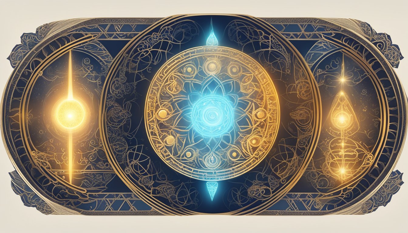 A glowing light emanates from a sacred object, surrounded by ancient symbols and mystical patterns
