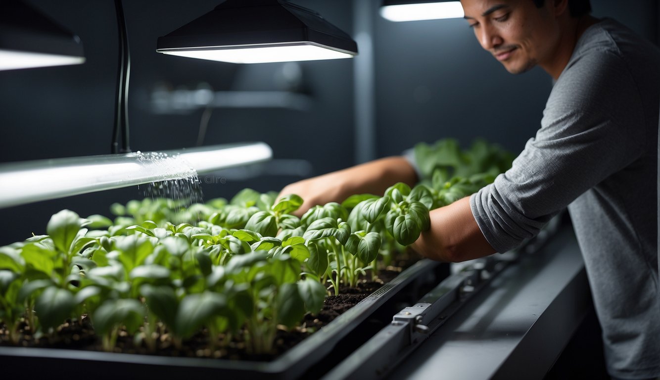 Emptying nutrient solution into a hydroponic system, placing basil seedlings in the growing medium, adjusting light and temperature settings