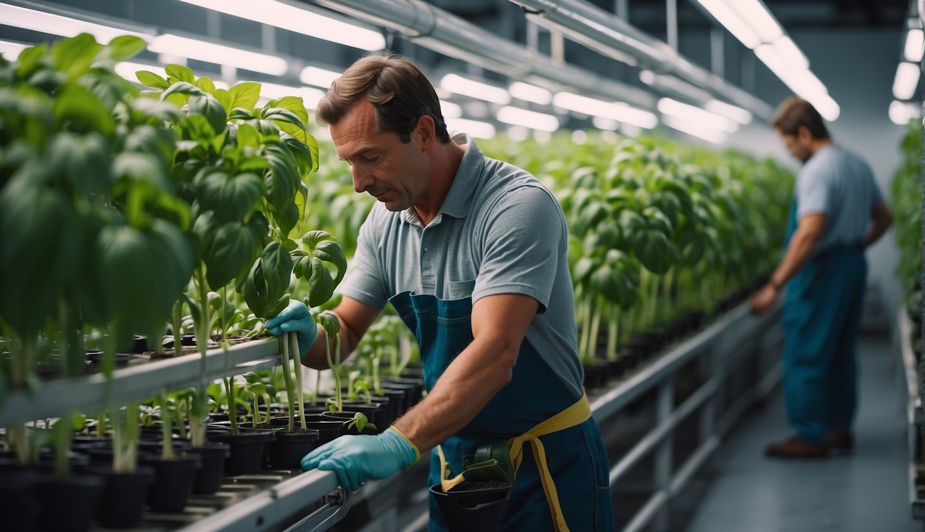 Basil plants being harvested and placed into storage containers in a hydroponic system