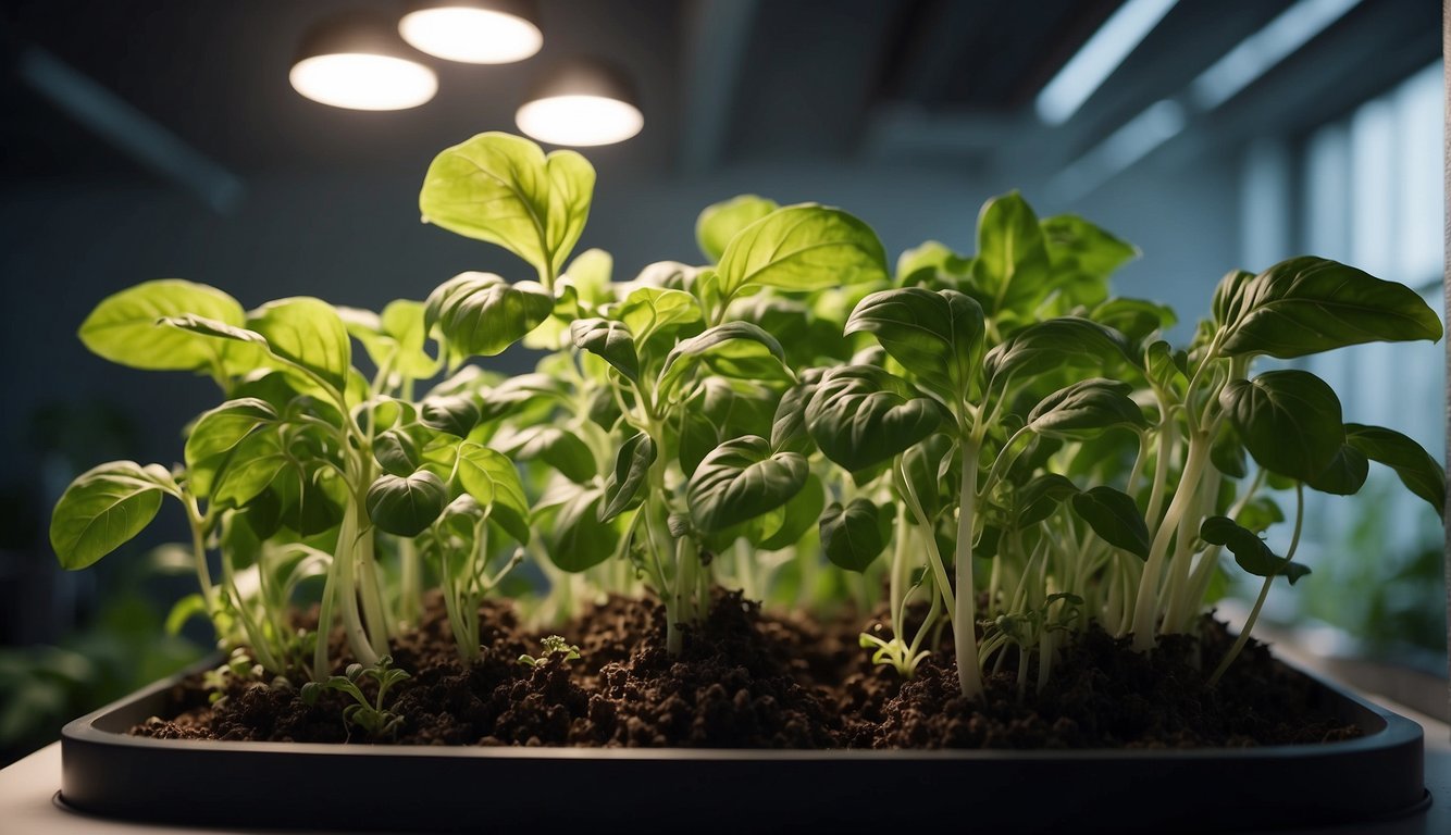 Lush hydroponic basil grows in a clean, well-lit indoor environment. Nutrient-rich water flows through the roots, while vibrant green leaves reach towards the light