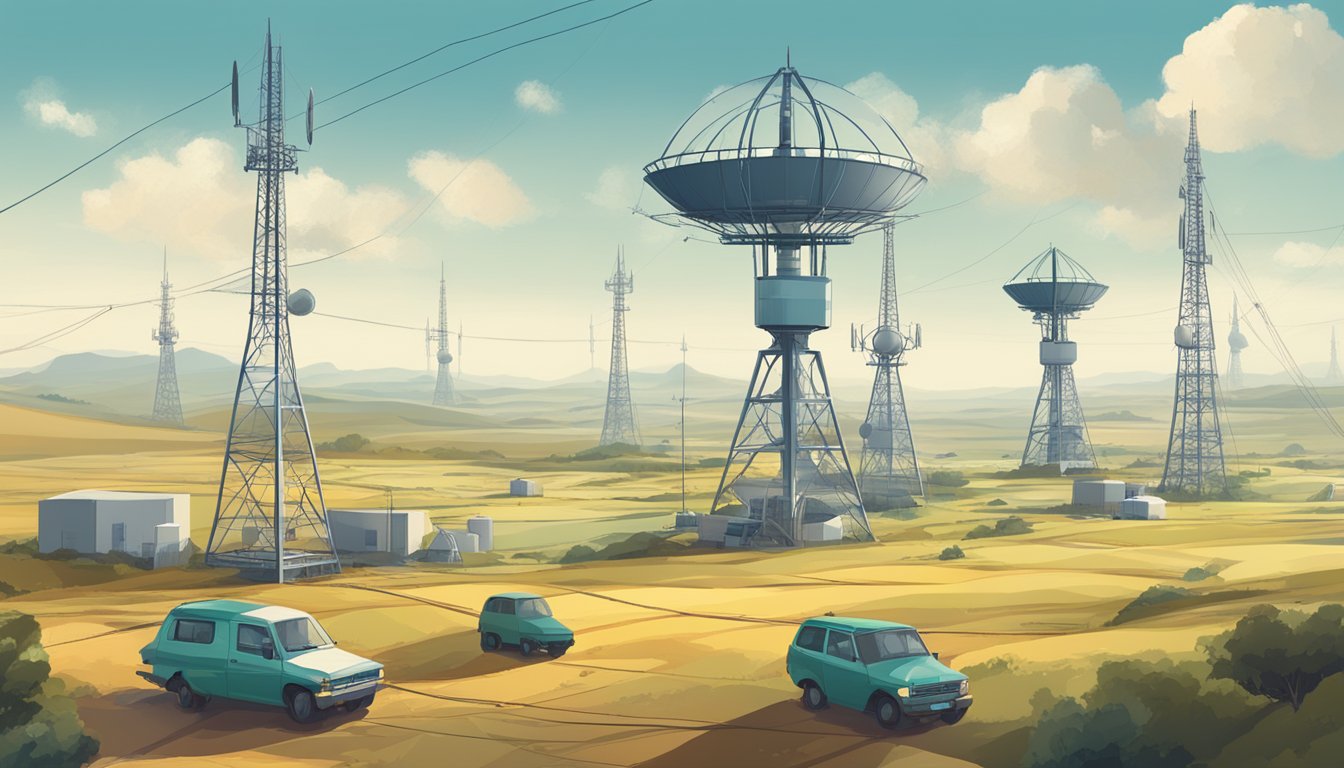 A network of communication towers and satellite dishes in a vast landscape, symbolizing the significance of telecommunications in the modern world