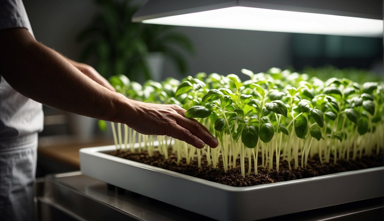 Lush hydroponic basil sprouts from a sleek, modern planter, bathed in soft, warm light. A chef's hand reaches for a fragrant sprig, ready to infuse a culinary creation with fresh, vibrant flavor