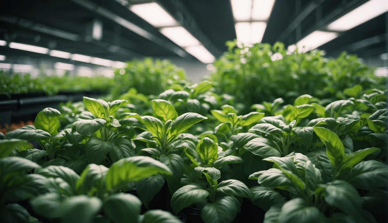 Lush basil plants in hydroponic system, labeled "Frequently Asked Questions," sit on grocery store shelves