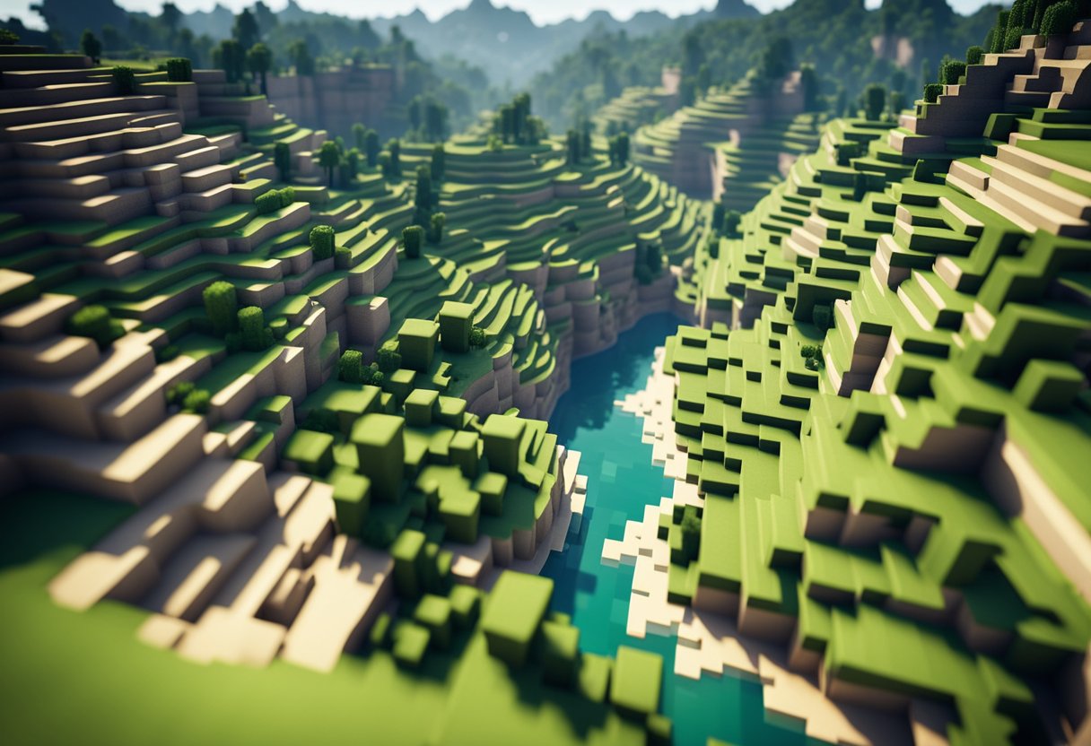 The Minecraft world stretches out to the horizon, with rolling hills, forests, and rivers extending into the distance. The landscape is dotted with various structures and creatures, creating a sense of vastness and exploration