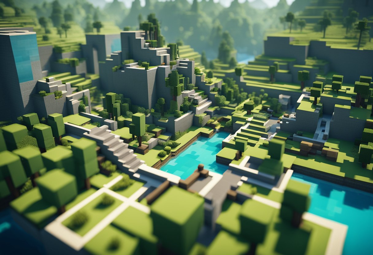 The scene shows a Minecraft world with various objects and structures, with a focus on the distance between the player and the simulated environment. The landscape should be detailed to convey the concept of simulation distance