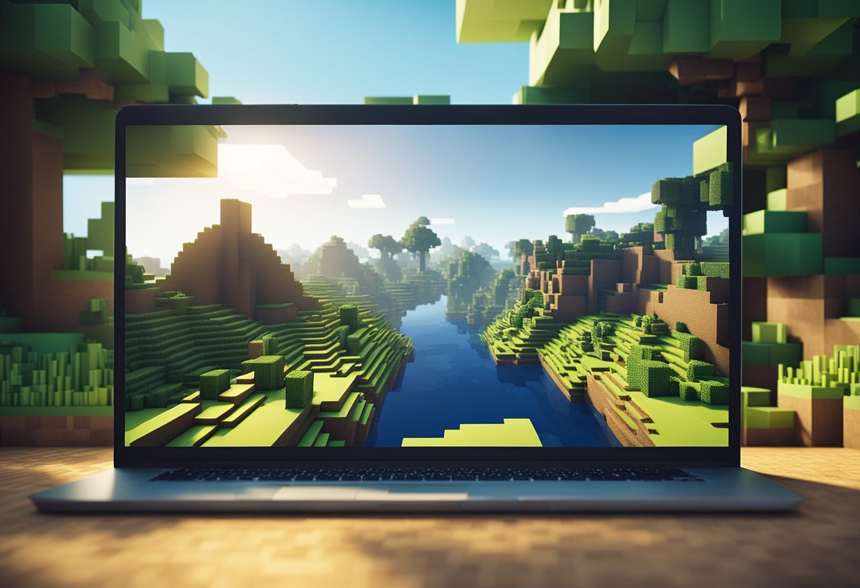 The scene shows a Minecraft world with the player adjusting the simulation distance settings in the game menu. The landscape is filled with blocky terrain and pixelated trees, with the player's cursor hovering over the distance slider