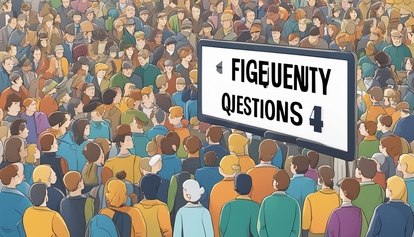 A large sign with "Frequently Asked Questions 514 Bedeutung" displayed prominently, surrounded by a crowd of curious onlookers