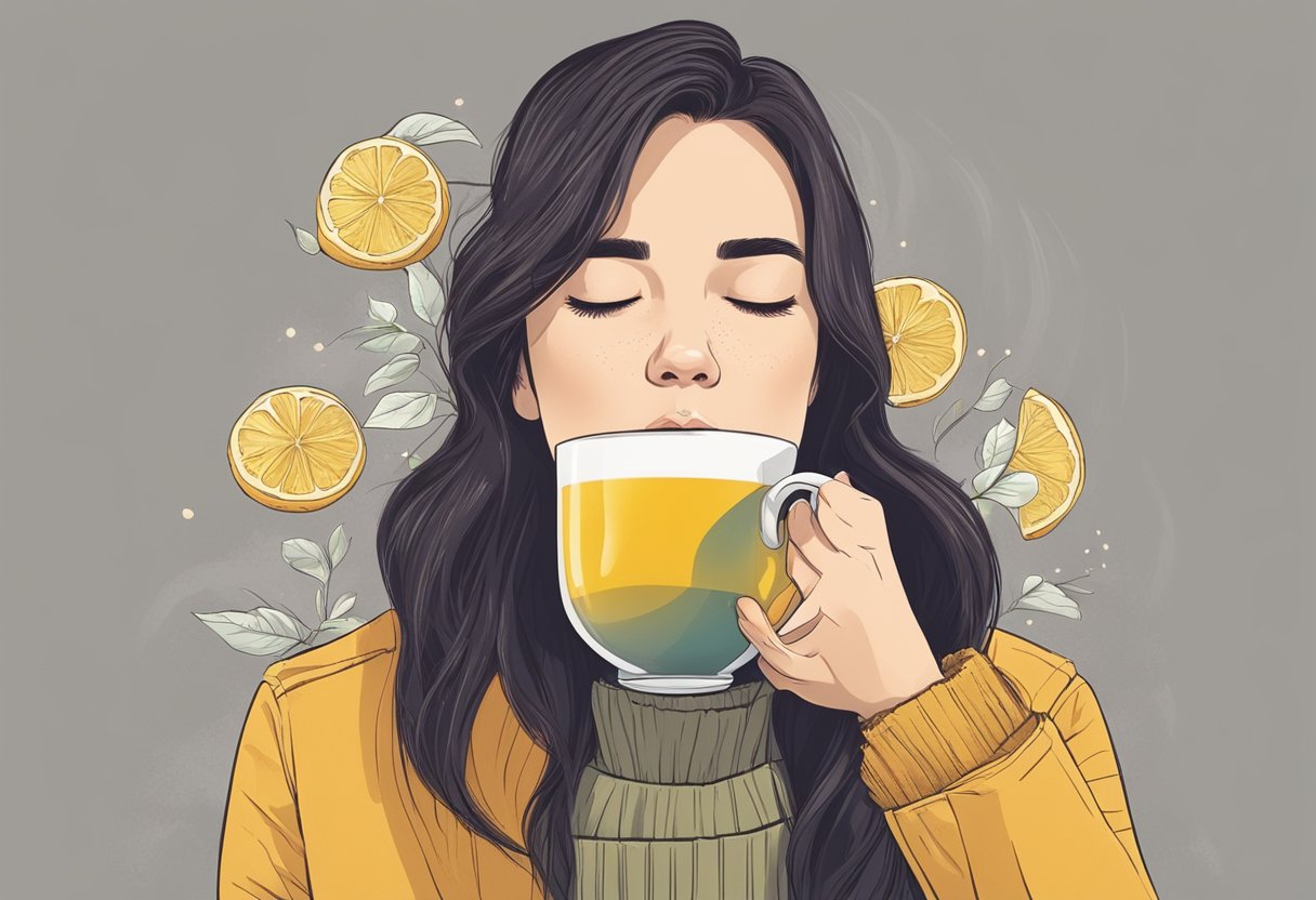 A person sipping on hot tea with honey and lemon, while holding a warm compress to their throat