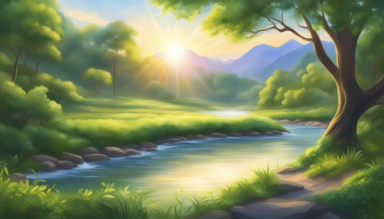 A serene landscape with a flowing river, lush greenery, and a glowing sun, evoking a sense of peace and spiritual connection