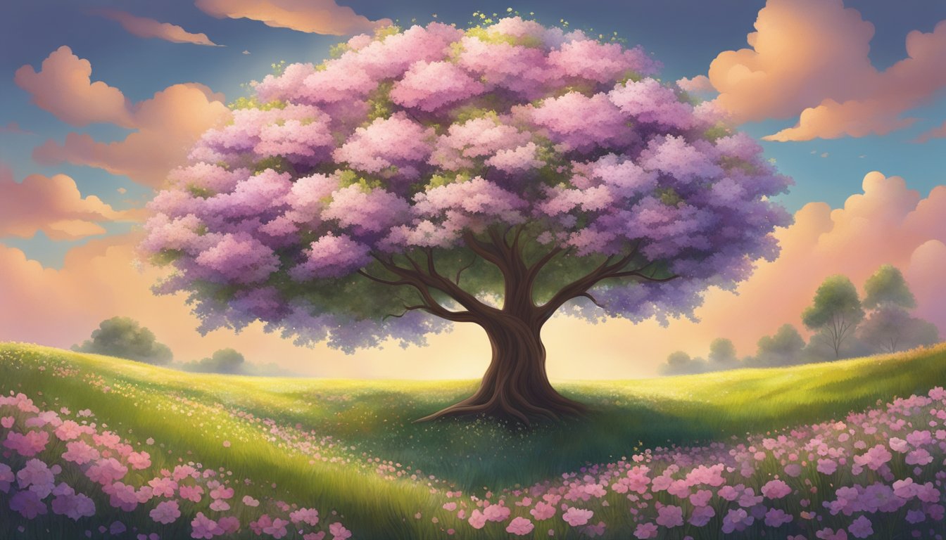 A tree growing amidst a field of flowers, symbolizing personal growth and significance