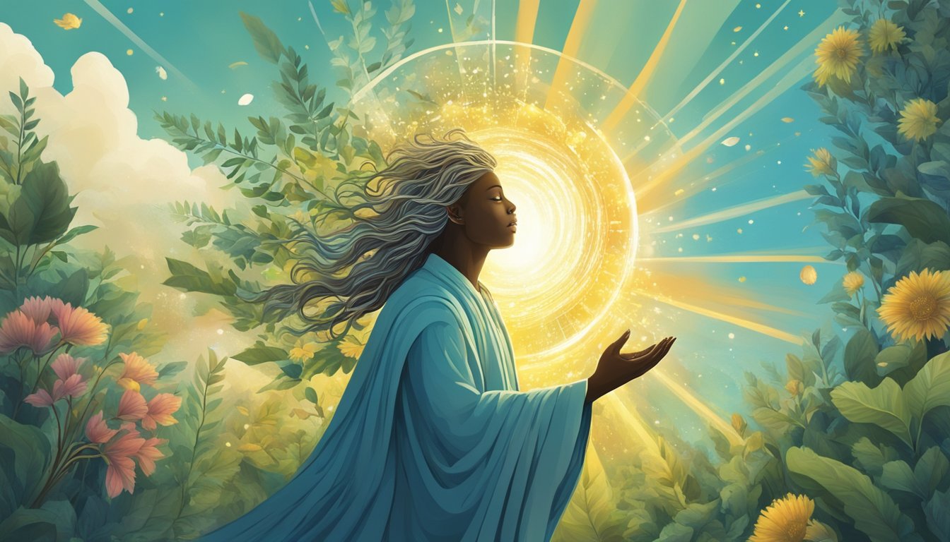 A figure surrounded by growth and transformation, with the numbers 5544 appearing prominently.</p><p>Rays of light and a sense of spiritual guidance
