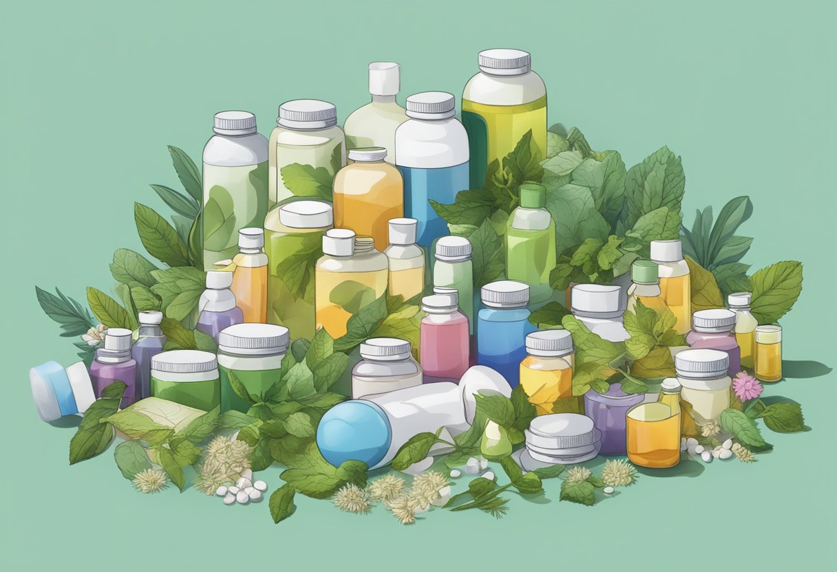 A pile of herbal remedies and prescription medication, with a question mark hovering above them