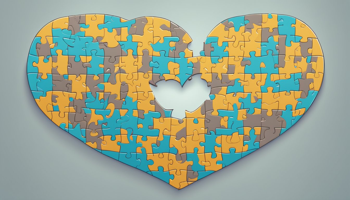 A heart-shaped puzzle with the number 565 split into two pieces, symbolizing the complexity and significance of relationships and love