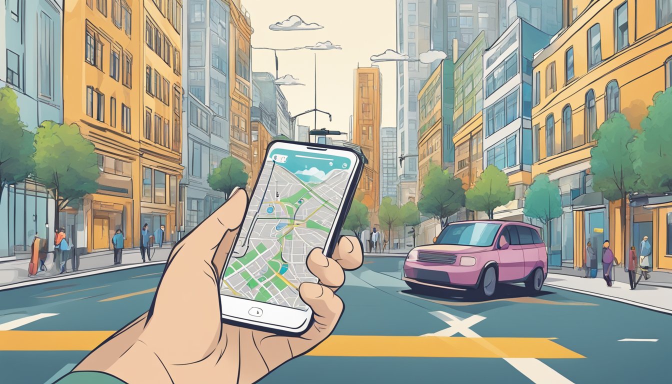 A person using a smartphone to navigate a city, with various practical applications and life contexts displayed on the screen