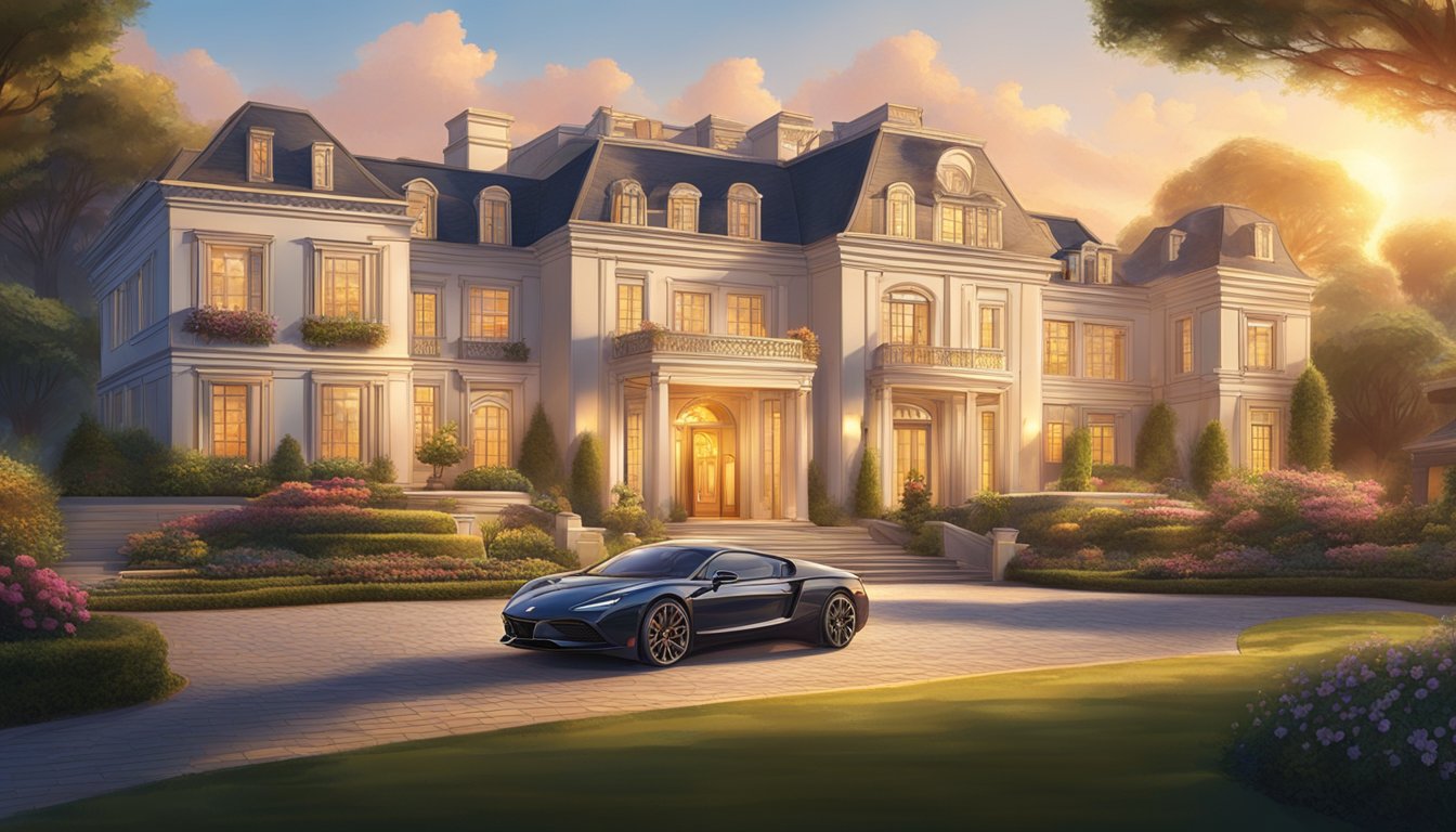 A luxurious mansion with a grand entrance, surrounded by lush gardens and expensive cars parked in the driveway.</p><p>The sun is setting, casting a warm golden glow on the scene