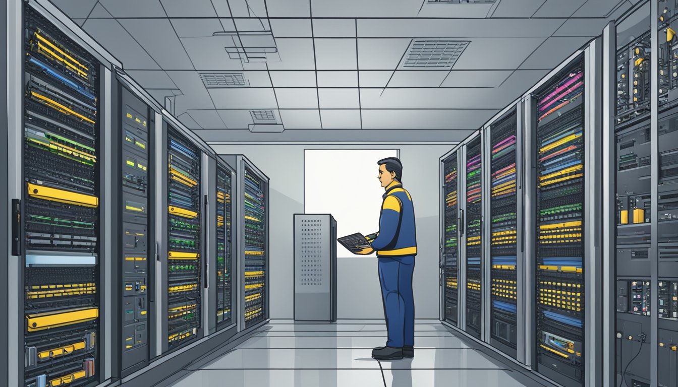 A technician setting up communication equipment in a server room with cables and devices connected to a central hub