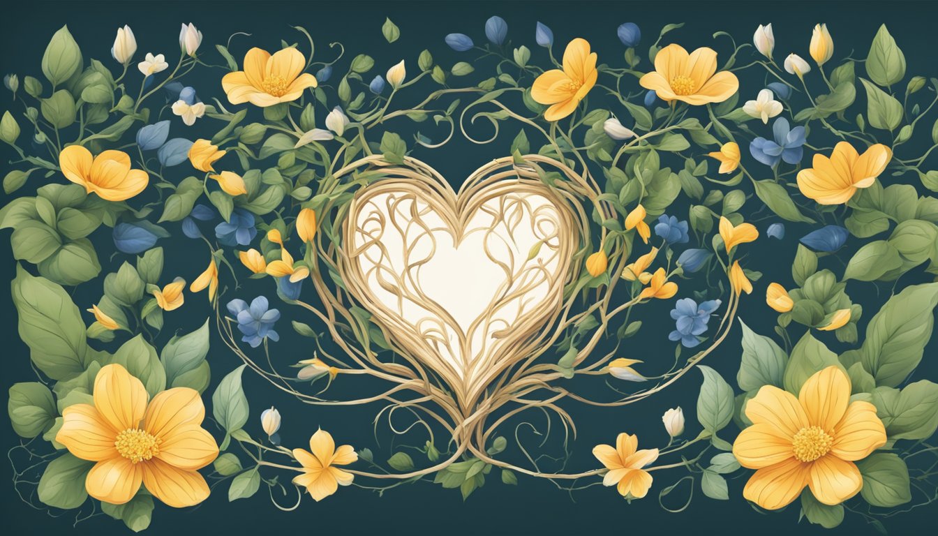 A heart-shaped symbol radiates light, surrounded by intertwining vines and flowers, representing love and relationships