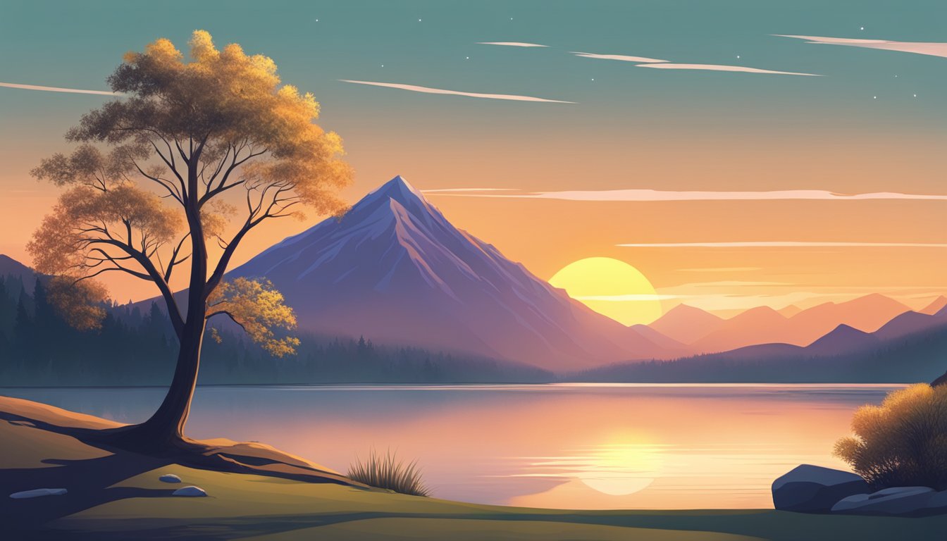 A glowing sun setting behind a mountain, casting long shadows over a tranquil lake.</p><p>A lone tree stands on the shore, its branches reaching towards the sky