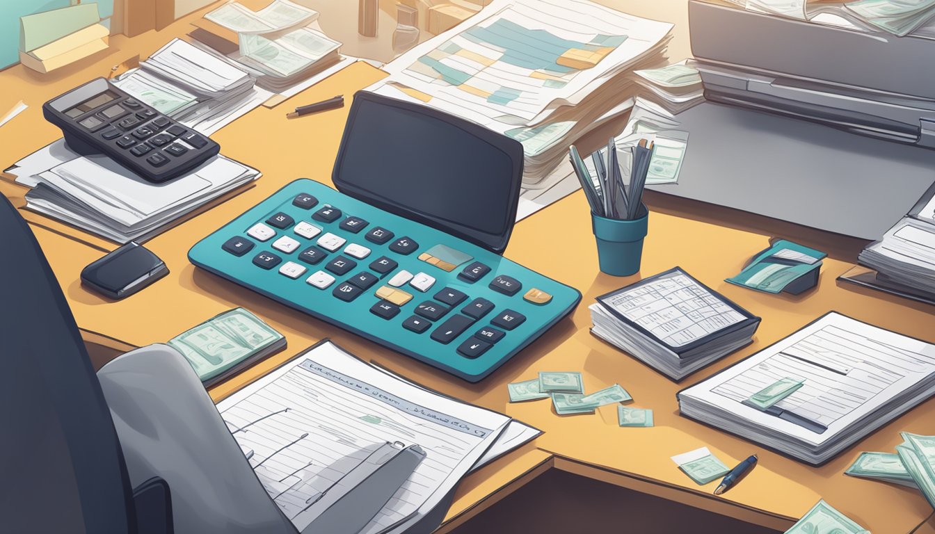 A busy office with financial documents and a calculator on a desk.</p><p>Importance of work and finances highlighted