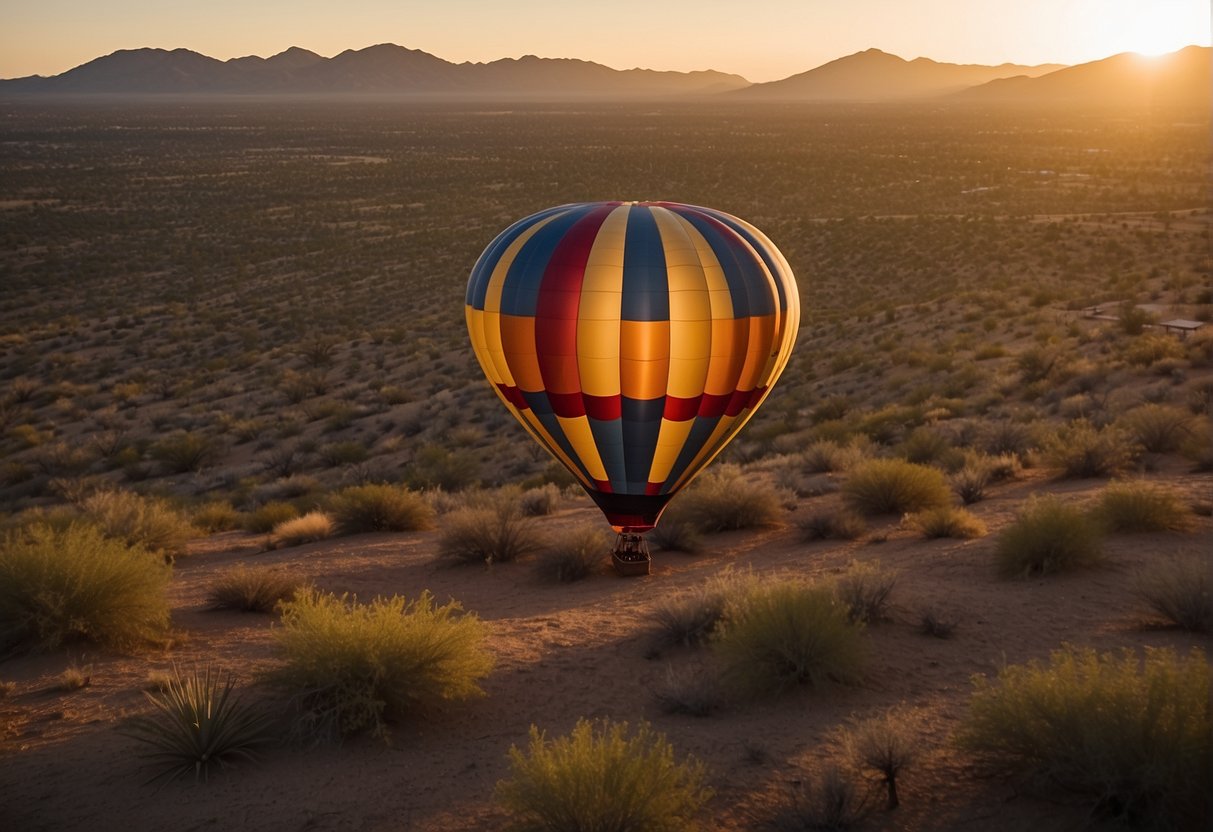 A hot air balloon floats above the desert landscape of Phoenix, Arizona, with the sun setting in the background. The price for a ride is displayed on a sign near the launch site