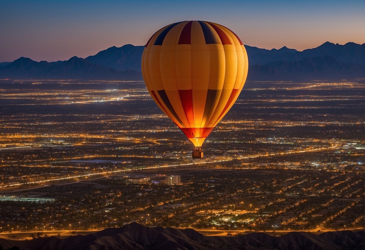 A hot air balloon floats above the desert landscape of Phoenix, Arizona, with the city skyline in the background. The sun sets behind the mountains, casting a warm glow over the scene