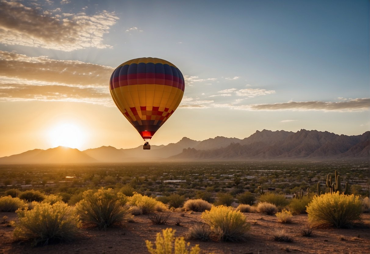 A colorful hot air balloon floats above the desert landscape of Phoenix, Arizona, with the sun rising in the background