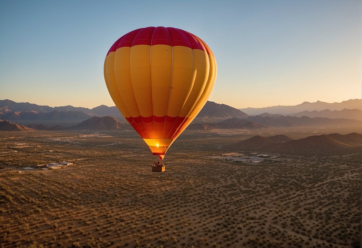 A hot air balloon floats above the desert landscape of Phoenix, Arizona, with cacti and mountains in the background. The sun is setting, casting a warm glow over the scene