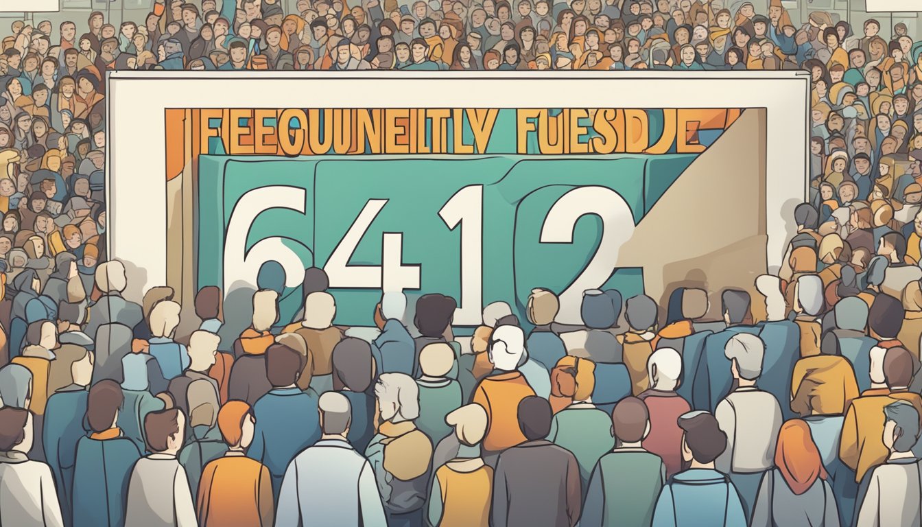 A large sign displaying "Frequently Asked Questions 642 Bedeutung" with a crowd of people gathered around, pointing and reading the sign with curiosity