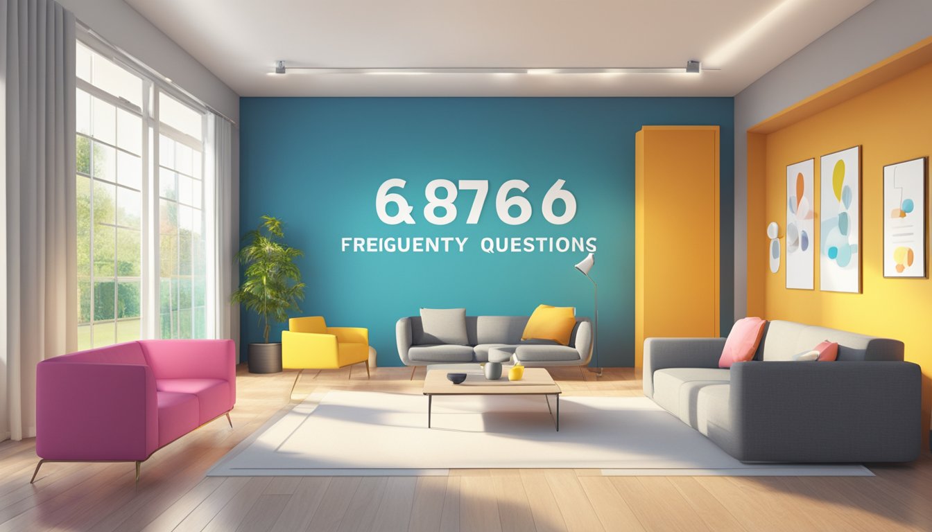 A bright, modern room with a large "Frequently Asked Questions 676 Bedeutung" sign on the wall
