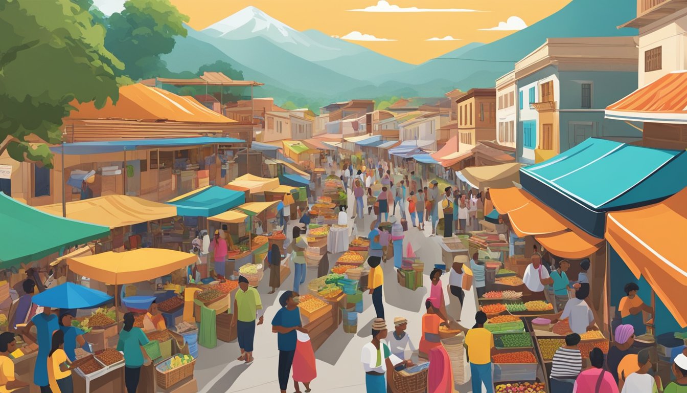 A bustling marketplace in Region 708, with colorful stalls and lively music, showcasing the diverse cultural significance of the area