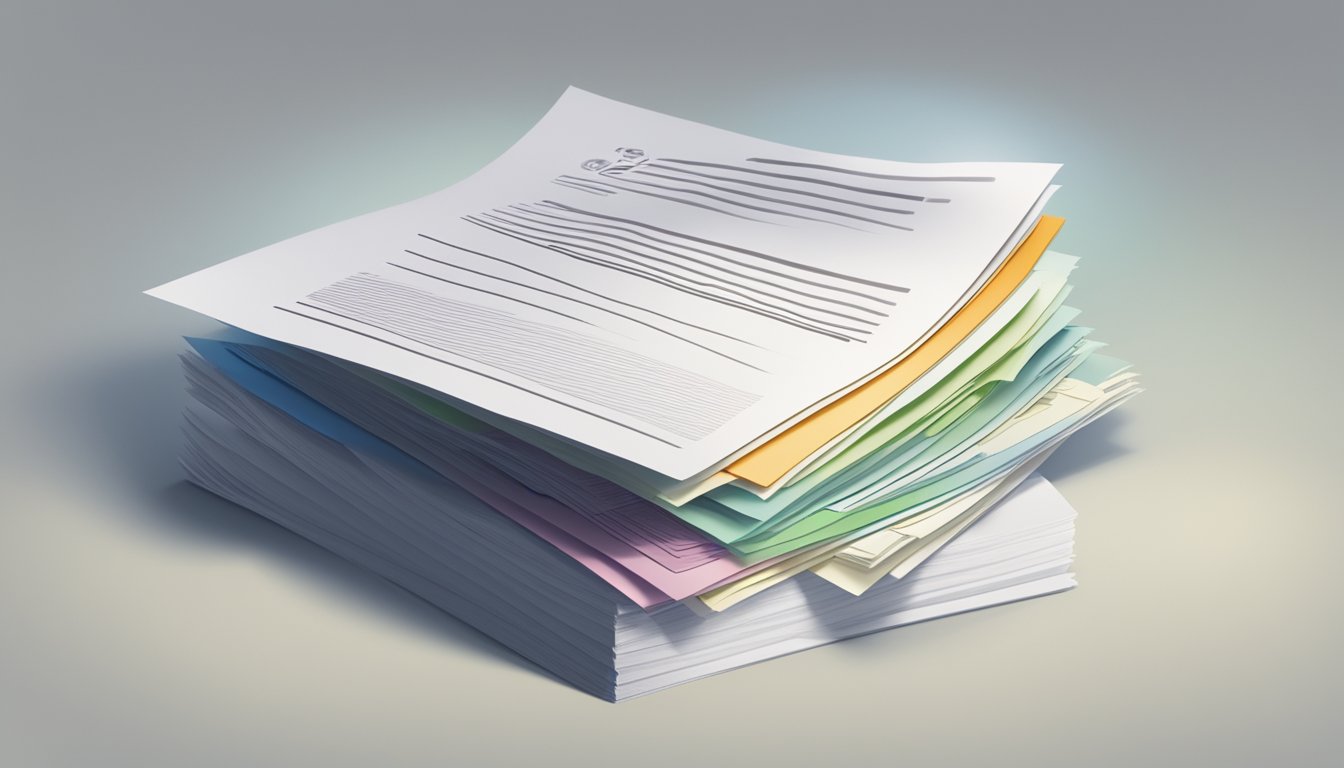 A stack of papers with "Frequently Asked Questions 715 Bedeutung" printed on top, surrounded by question marks and a spotlight shining down