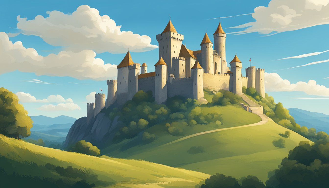 A medieval castle stands tall against a backdrop of rolling hills and a clear blue sky, symbolizing the historical context and significance of the time period