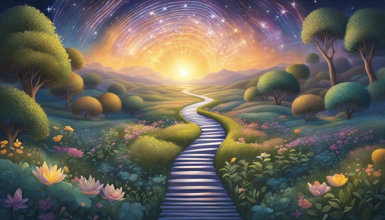 A winding path leading to a glowing manifestation, surrounded by symbols and patterns, evoking a sense of spiritual significance