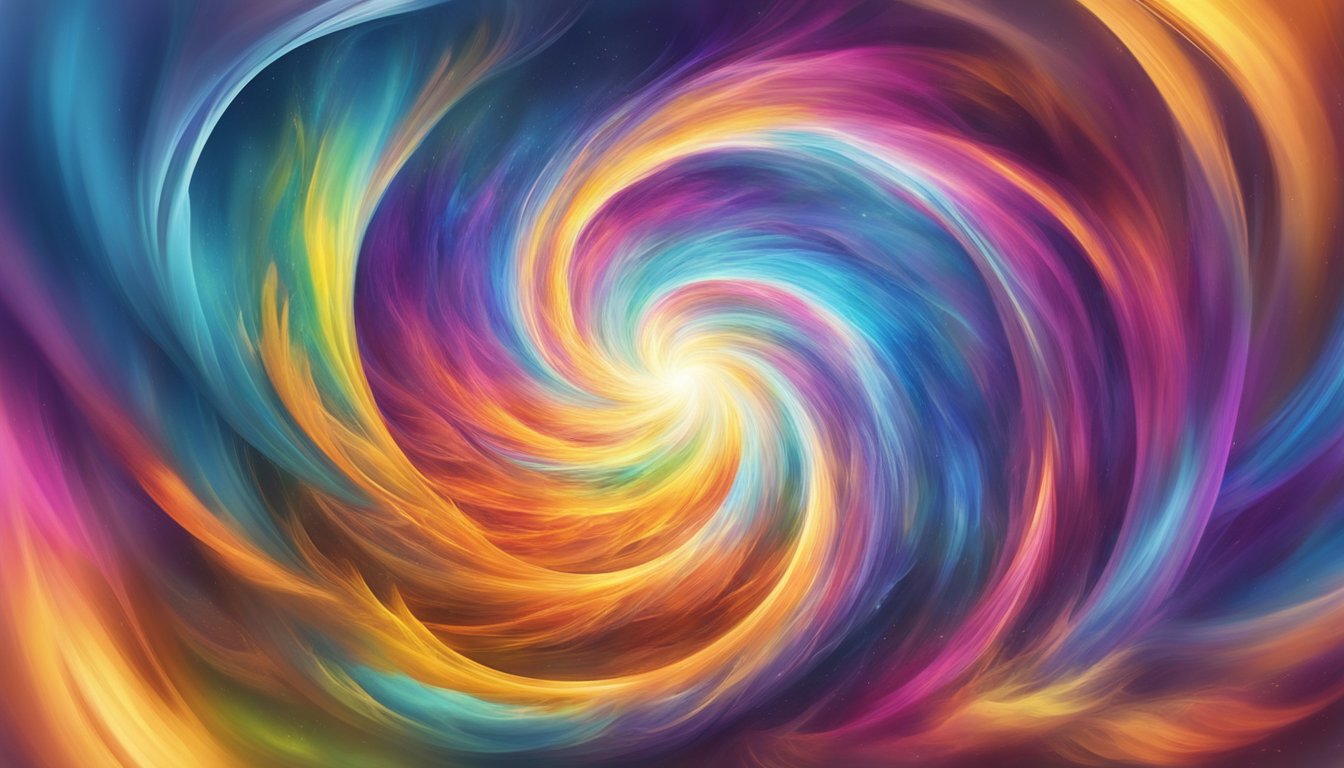 A vibrant, swirling vortex of colorful energy radiates with an aura of positivity and purpose, symbolizing the meaning of manifestation and positivity 7788