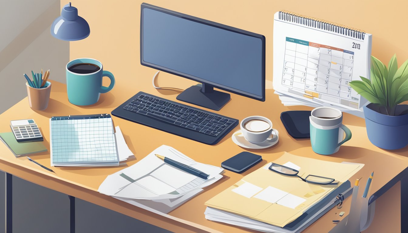 A cluttered desk with a stack of papers, a computer, and a cup of coffee.</p><p>A calendar on the wall shows a busy schedule