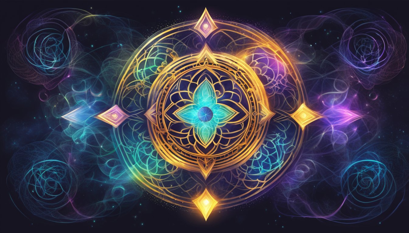 A mystical symbol glowing with vibrant energy, surrounded by swirling patterns and sacred geometry