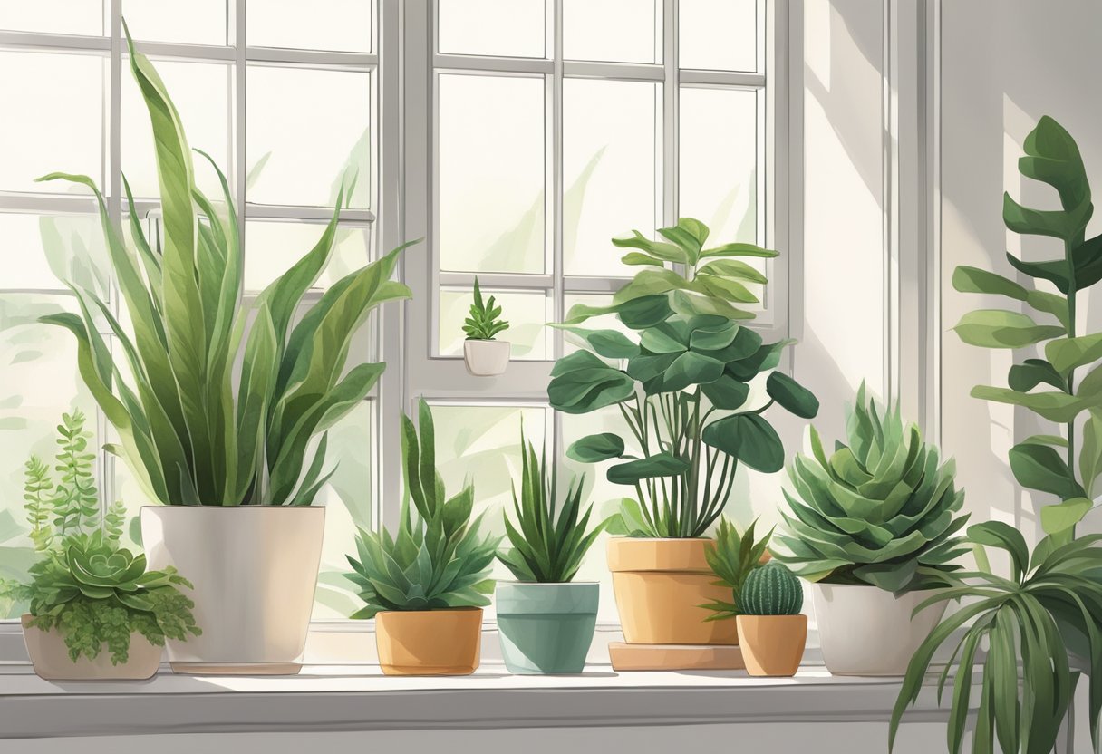 Lush green houseplants thriving in various pots, positioned on a sunlit windowsill with a mix of succulents, ferns, and snake plants