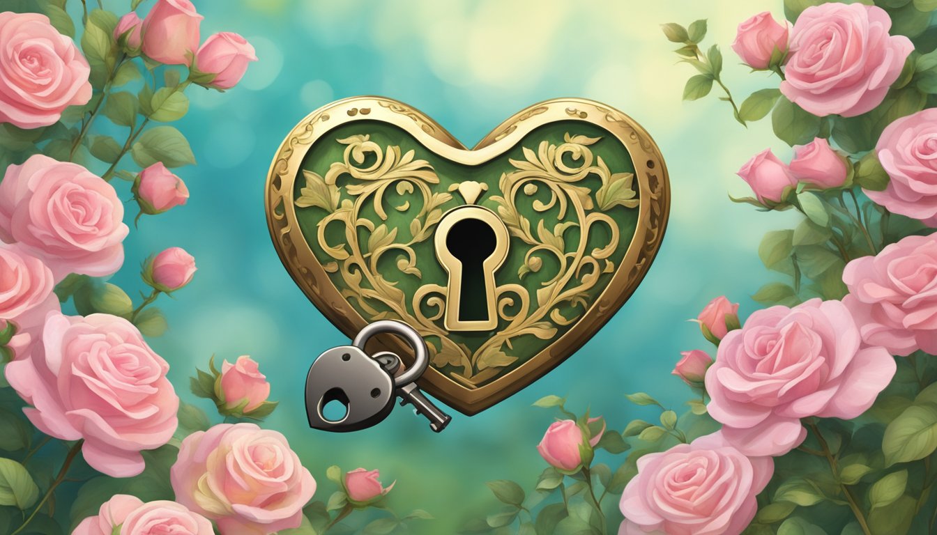 A heart-shaped lock and key floating above a garden of blooming roses, representing the symbolism and manifestation of love