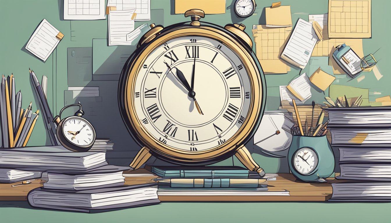 A clock ticking on a desk, surrounded by calendars and deadlines